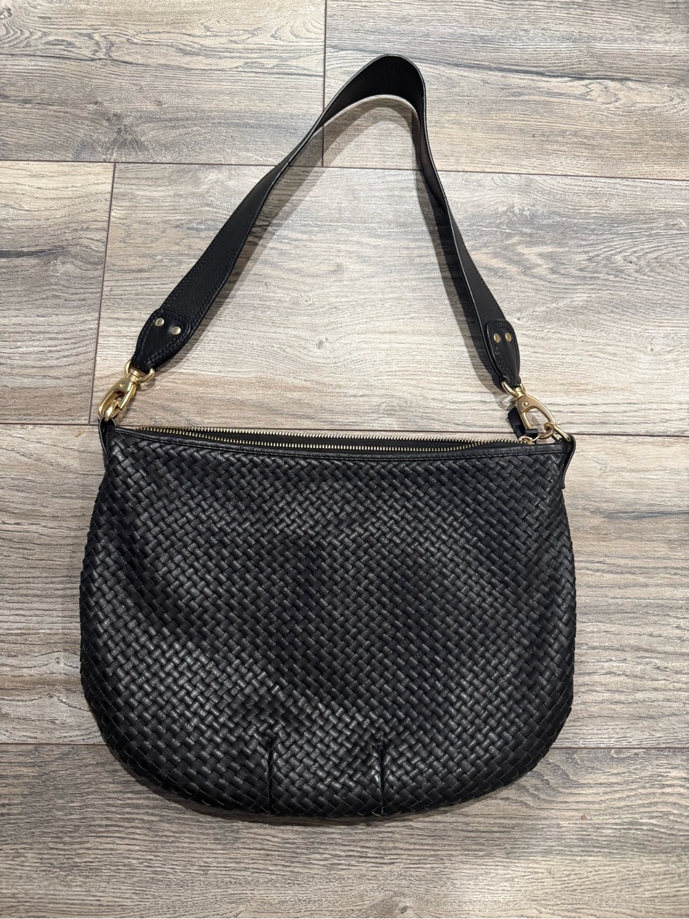 Quince Black Woven Shoulder Bag with Gold Hardware